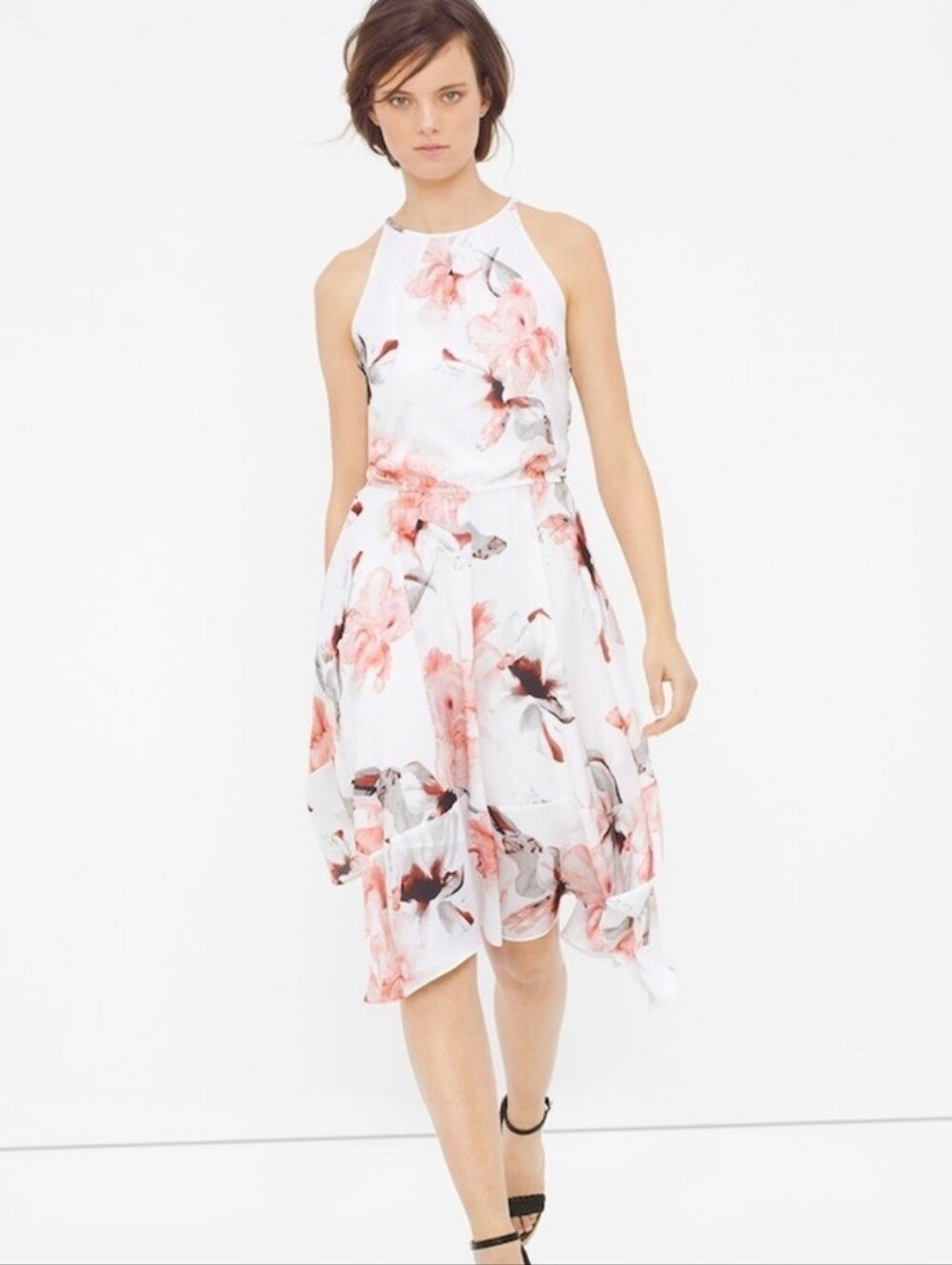 Like NEW: White House Black Market: White & Pink Floral Halter High-Low Dress
